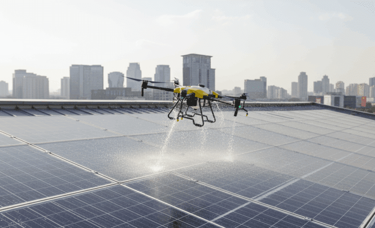 Dron limpiando panel solar